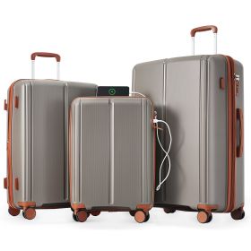 Luggage Sets 3 Piece Suitcase Set 20/24/28 with USB Port,Carry on Luggage Airline Approved,PP Lightweight Suitcase with Spinner Wheels, Brown