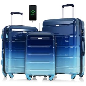 Luggage Set of 3, 20-inch with USB Port, Airline Certified Carry-on Luggage with Cup Holder, ABS+PC Hard Shell Luggage with Spinner Wheels, Gradient B