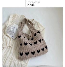 Fashion Large Capacity Heart-shaped Knitted Woven Shoulder Bag (Option: Love Khaki)