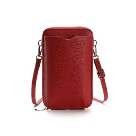 High-quality Lychee Pattern Mobile Phone Bags Women Small Crossbody Shoulder Bag Long Wallet (Color: Red)