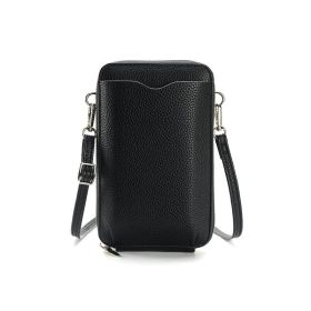 High-quality Lychee Pattern Mobile Phone Bags Women Small Crossbody Shoulder Bag Long Wallet (Color: Black)