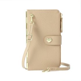 Mobile Phone Bags With Transparent Touch Screen Love Buckle Long Wallet Women Multifunctional Crossbody Shoulder Bag (Color: Khaki)