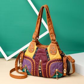 Colored Mosaic Large Capacity Multi-layer Washed Leather Handbag (Option: Color)