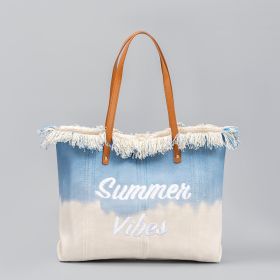 Embroidered Tote Tassel Canvas Bag Magnetic Bag Underarm Summer (Option: Sky Blue Embroidery Letters-50 √ó 10 √ó 35CM)