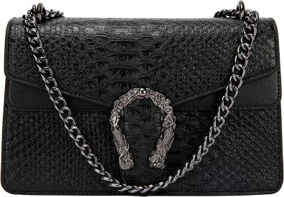 Crossbody Shoulder Square Purse For Women - Fashion Embossed Snake-Print Leather Handbag Metal Chain satchel Tote Bag (Color: Black)