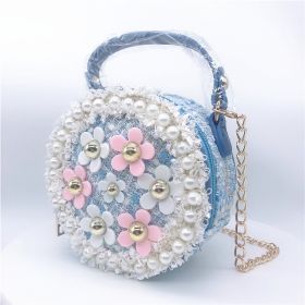 Mini Crossbody Bag Girls Purse Pearl Flower Shoulder Handbags with Chain (Color: Blue)