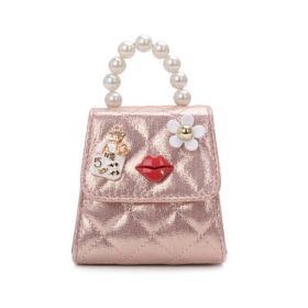 Mini Bag Fashion Kids Pearl Top Handle Quilted Crossbody Hand Tote Shoulder Messenger Bag (Color: Pink)