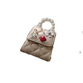 Mini Bag Fashion Kids Pearl Top Handle Quilted Crossbody Hand Tote Shoulder Messenger Bag (Color: Beige)