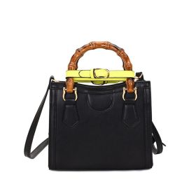 2022 Women's Handbags Brand Designers Bamboo Handle Shoulder Bags Leather Females Casual Square Bags Fashion Crossbody Bags (Color: Black, size: 21x18x9cm)