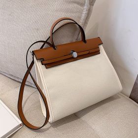 2022 Fashion Canvas Bags For Women Large-Capacity Handbags Buckle Casual One-Shoulder Messenger Bag Versatile Tote Clutch Bags (Color: brown white, size: 31cmX15cmX11cm)