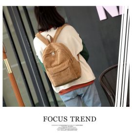 Corduroy Backpack Fashion Women Bookbags Pure Color Shoulder Bag Teenger Girl Travel Bag Mochila Striped Rucksack (Color: Brown)