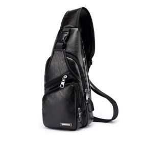 Men USB Charging Bag Men Chest Bag for Custom PU PVC Shoulder Bag Diagonal Package Messenger Travel Bag Cross Body Bags (Color: Black)