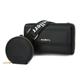 2pcs Lychee Texture Composite Bag Fashion Mobile Phone Bag With Small Coin Purse Letter Print Zipper Crossbody Shoulder Bag (Color: Black)